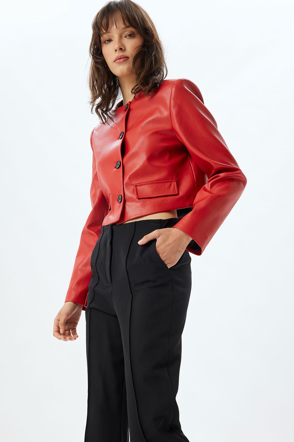 KOTON, Jacheta crop din piele ecologica, Rosu, Negru, 36 KOTON, Jacheta crop din piele ecologica, Rosu, Negru, 36
