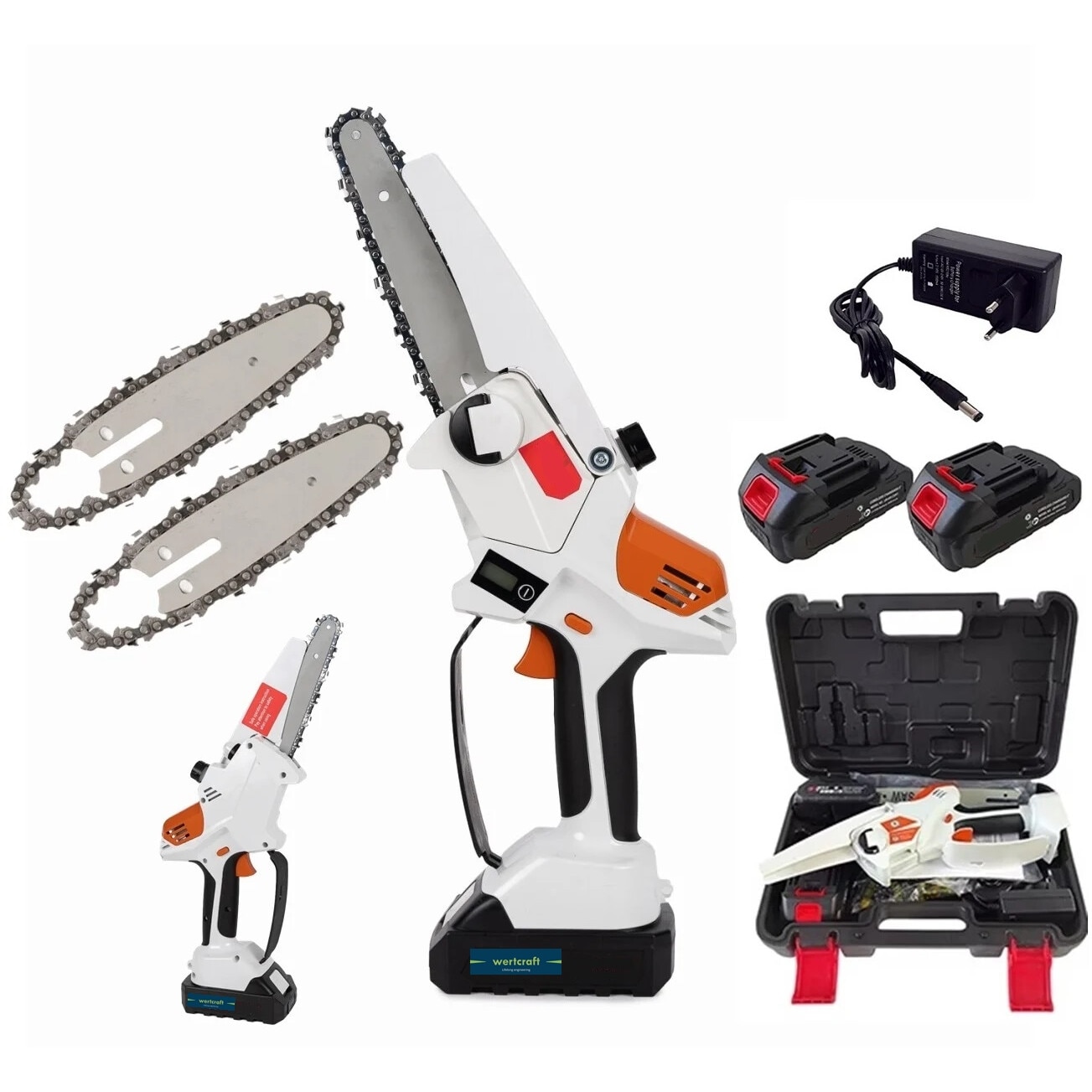 Mini fierastrau Wertcraft EDN Profesional, 2 acumulatori, 48 V, 8Ah,  rezervor ulei, afisaj led, sistem ungere lant, lama 20 cm