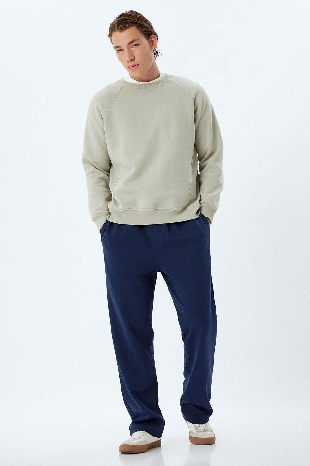 KOTON, Pantaloni din amestec de bumbac cu model uni, Albastru inchis, S