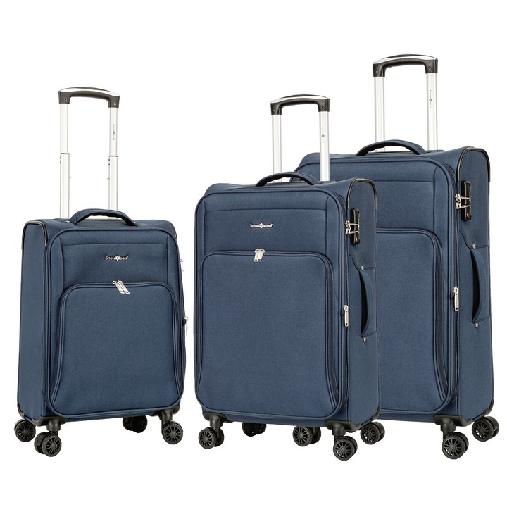 Bőrönd Szett, Bővíthető, Snowball SW45103, Poliészter, 4 dupla kerekek, TSA kód, 3 db, Sötétkék