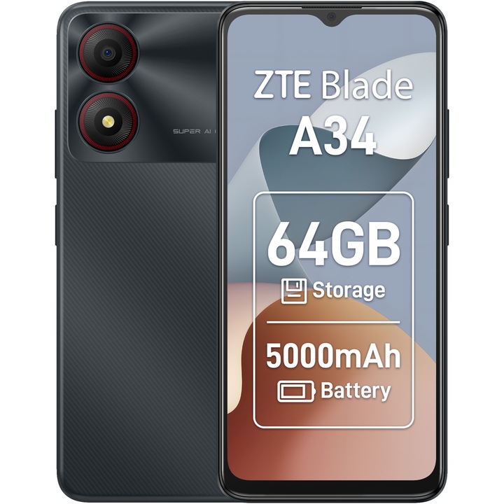 Смартфон ZTE Blade A34, 2GB RAM, 64GB, 4G, Grey