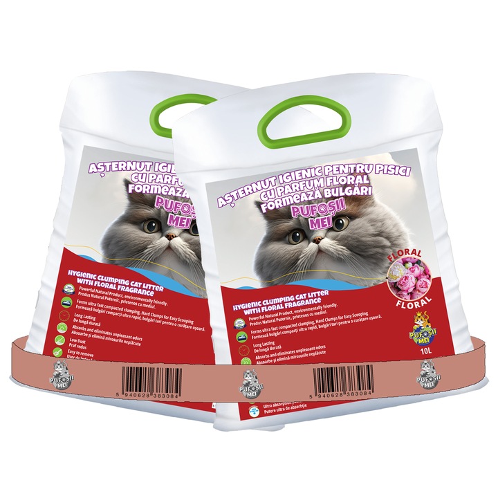 Nisip pisici, Pufosii Mei, Pachet economic (2x10l), parfum floral, Igienic, formeaza bulgari, superabsorbant, control excelent al mirosurilor, praf redus, usor de curatat, durabil, economic