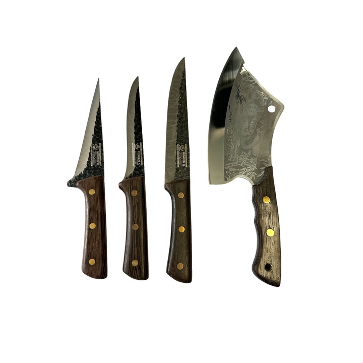 Set 4 cutite profesionale, 1 cutit despicat, 2 cutite macelar, 1 satar japonez lama curbata, otel carbon, coshop