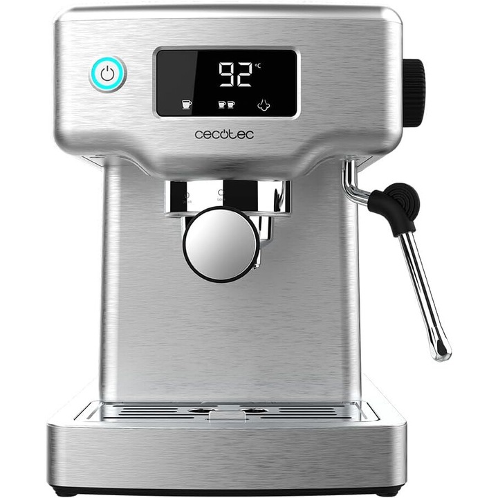 Espressor manual Cecotec Power Espresso 20 Barista Compact, 1465 W, 1.8 l, 20 bar, 2 cesti, evaporator, Argintiu