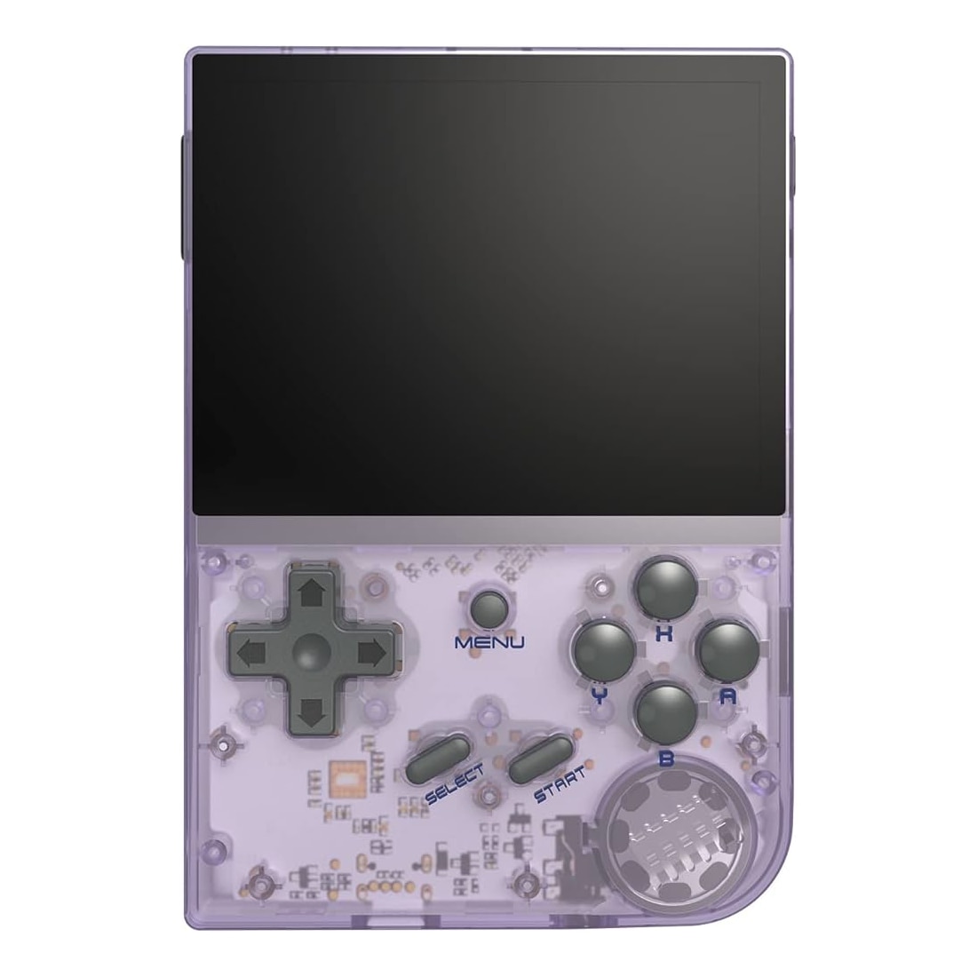 Consola retro ANBERNIC RG35XX 64GB cu jocuri, quad core Cortex-A53 1.5GHz, 1GB LPDDR4, IPS LCD 3.5" 640x480 4:3, acumulator 2600 mAh, mov transparent, portabila