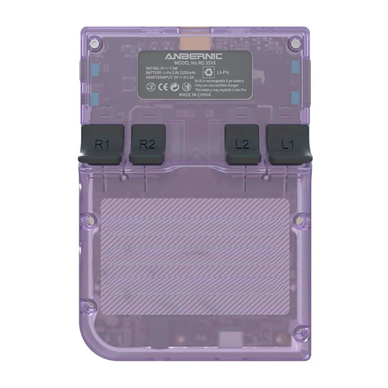 Consola retro ANBERNIC RG35XX 64GB cu jocuri, quad core Cortex-A53 1.5GHz, 1GB LPDDR4, IPS LCD 3.5" 640x480 4:3, acumulator 2600 mAh, mov transparent, portabila