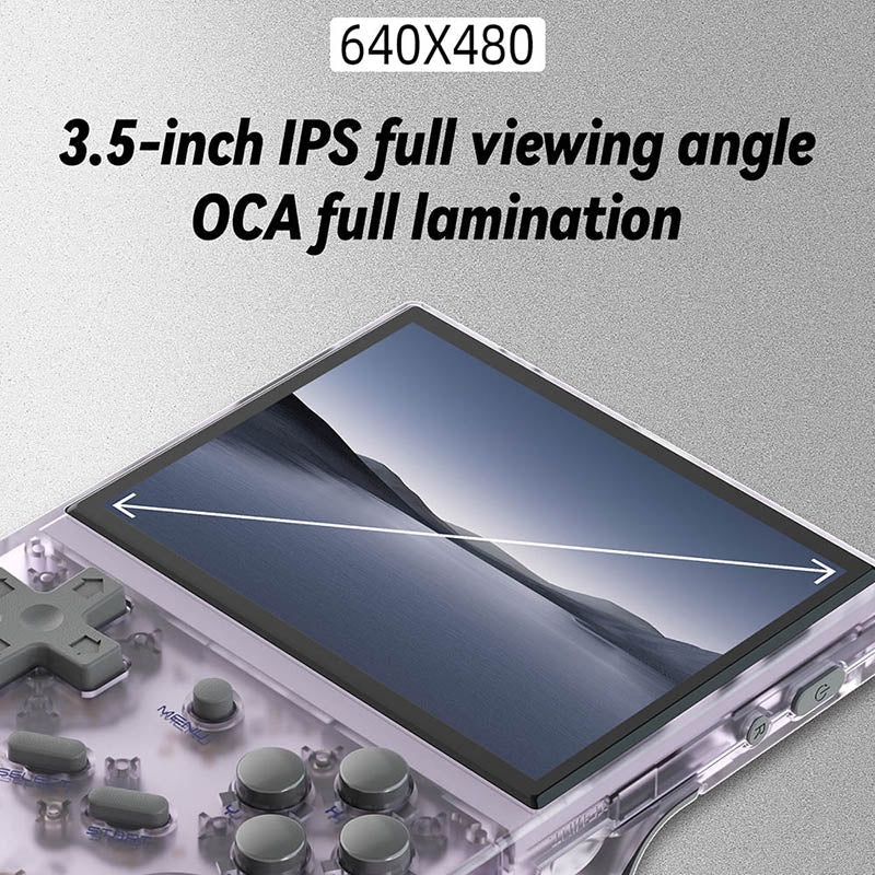 Consola retro ANBERNIC RG35XX 64GB cu jocuri, quad core Cortex-A53 1.5GHz, 1GB LPDDR4, IPS LCD 3.5" 640x480 4:3, acumulator 2600 mAh, mov transparent, portabila