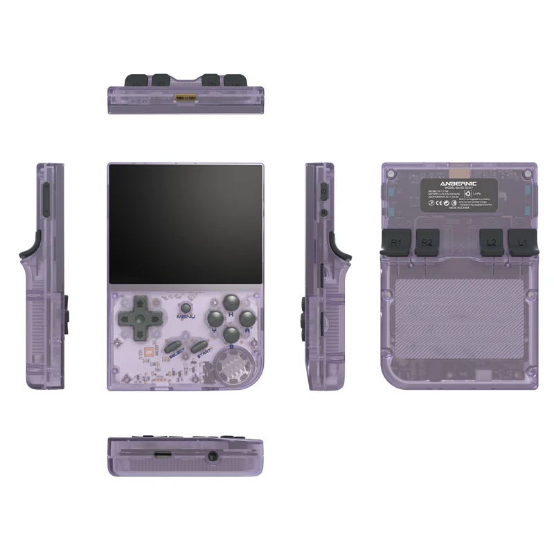 Consola retro ANBERNIC RG35XX 64GB cu jocuri, quad core Cortex-A53 1.5GHz, 1GB LPDDR4, IPS LCD 3.5" 640x480 4:3, acumulator 2600 mAh, mov transparent, portabila