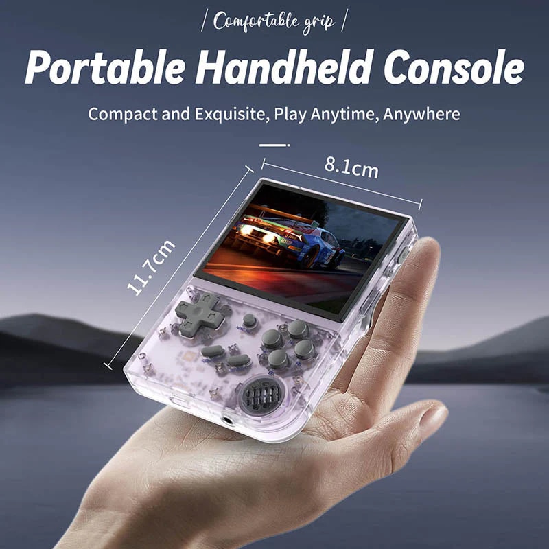 Consola retro ANBERNIC RG35XX 64GB cu jocuri, quad core Cortex-A53 1.5GHz, 1GB LPDDR4, IPS LCD 3.5" 640x480 4:3, acumulator 2600 mAh, mov transparent, portabila