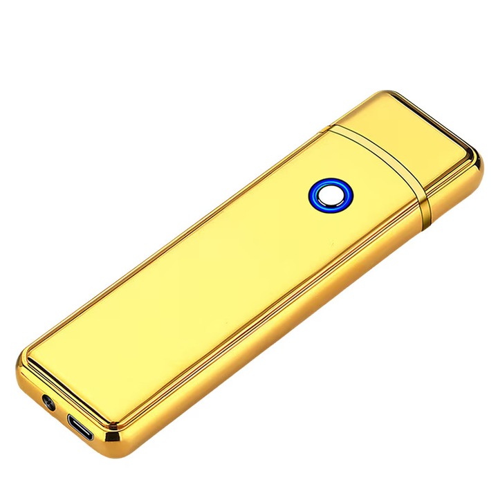 Bricheta Electronica cu Incarcare USB, Reincarcabila, Antivant, Buton cu Lumina, 8 Cm, Auriu, Dalimag