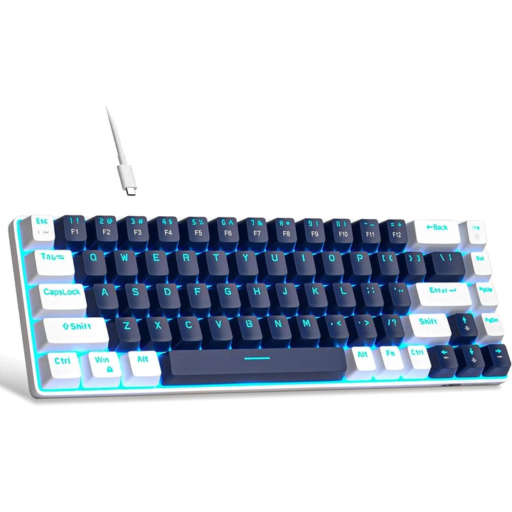 Timebox Tastatura Gaming Mecanica 60%, Iluminare LED, 68 Taste PBT Pudding, Blue Switch, Cablu Type-C, Portabila, Compatibila Windows Mac, Culoare Albastru Alb, Format Ergonomic Compact