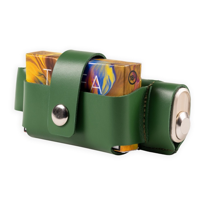 Husa din piele naturala, compatibila cu dispozitiv IQOS ILUMA ONE, buzunar pentru rezerva pachet, ELAN, verde pin