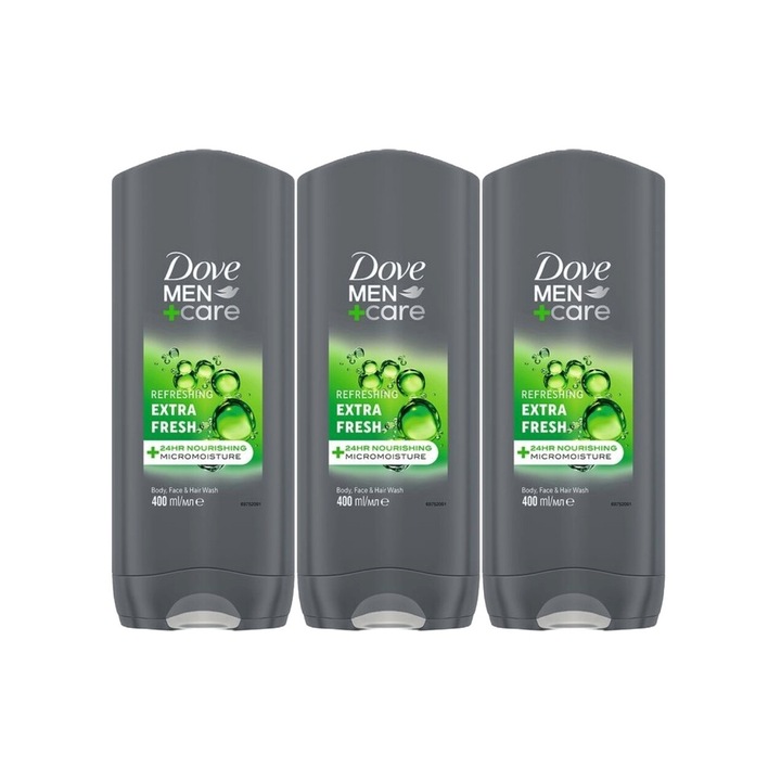 Set 3 x Dove gel dus 400ml extra fresh men, curatare eficienta, hidratare intensa, aplicare usoara, previne iritatiile, prospetime de lunga durata, testat dermatologic