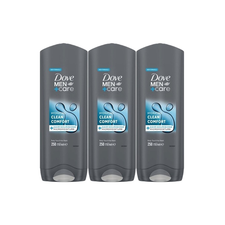 Set 3 x Dove gel dus 250ml men clean comfort, curatare eficienta, hidratare intensa, aplicare usoara, previne iritatiile, prospetime de lunga durata, testat dermatologic