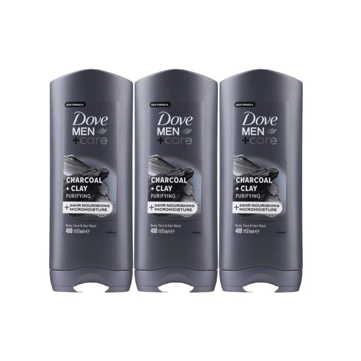 Set 3 x Dove gel dus 400ml men elements charcoal clay, curatare eficienta, hidratare intensa, aplicare usoara, previne iritatiile, prospetime de lunga durata, testat dermatologic