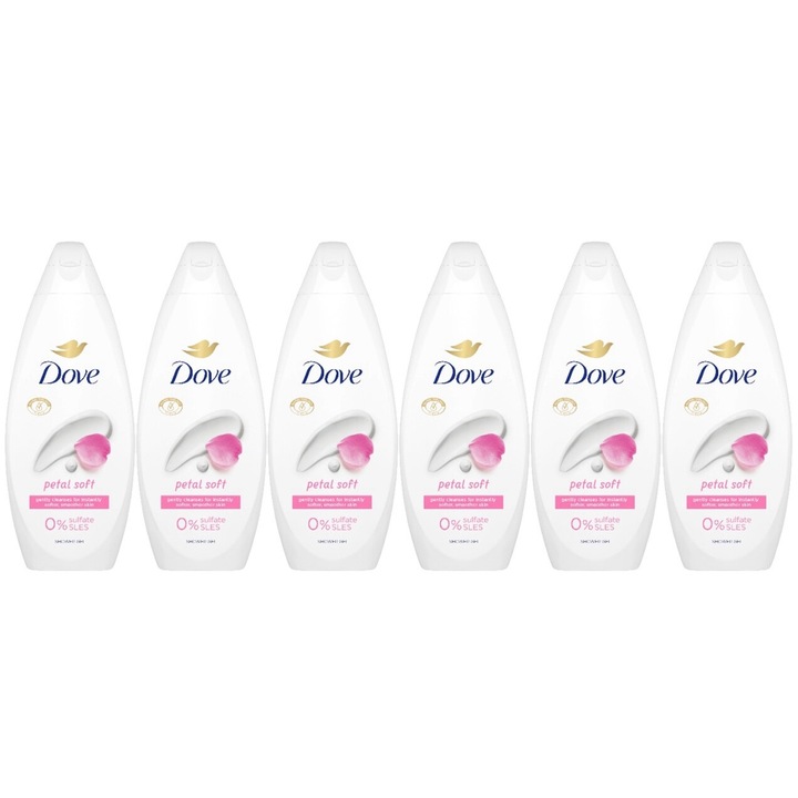 Set 6 x Dove gel dus 720ml petal soft, curatare eficienta, hidratare intensa, aplicare usoara, previne iritatiile, prospetime de lunga durata, testat dermatologic