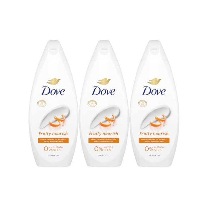 Set 3 x Dove gel dus 720ml fruity nourish, curatare eficienta, hidratare intensa, aplicare usoara, previne iritatiile, prospetime de lunga durata, testat dermatologic