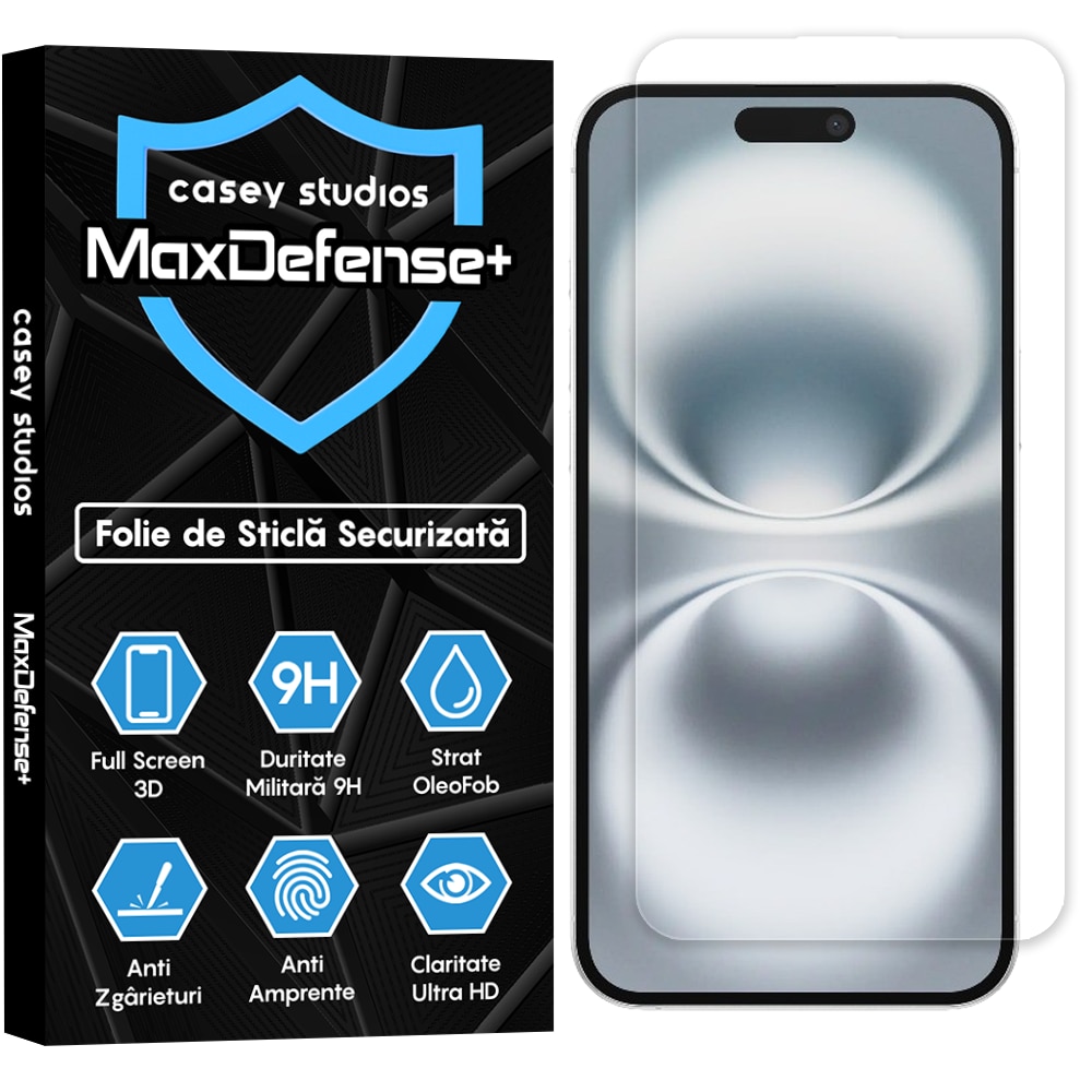 Folie Sticla CASEY STUDIOS™ compatibila cu iPhone 16 Plus, MaxDefense+ Classic, Full Cover 3D, Full Glue, Sticla Securizata, Duritate Militara, Ultra HD, Protectie Profesionala Ecran 3D, Anti Zgarieturi, Anti Socuri