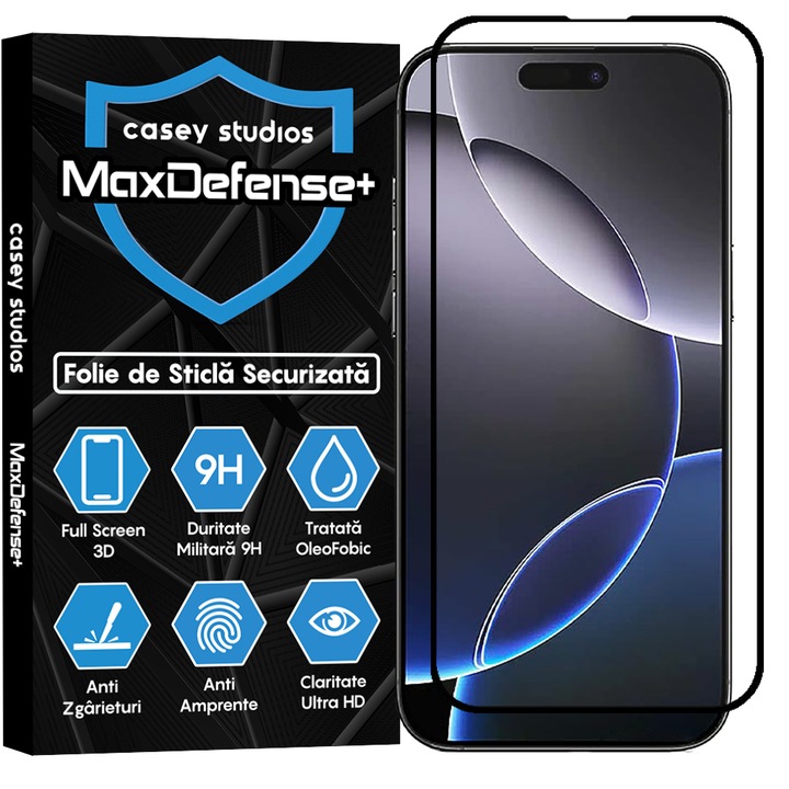 CASEY STUDIOS™ üvegfólia Apple iPhone 16 Pro Max MaxDefense+ készülékhez, teljes 3D fólia, teljes ragasztó, katonai keménység, Ultra HD, professzionális 3D képernyővédelem, karcálló, ütésálló, fekete szélek