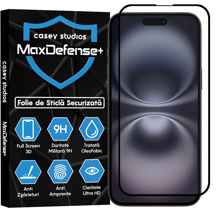 Протектор CASEY STUDIOS™ за Apple iPhone 16 Plus MaxDefense+, пълно покритие 3D, пълно лепило, военна твърдост, Ultra HD, професионална 3D защита на екрана, против надраскване, против удар, черни ръбове, стъкло