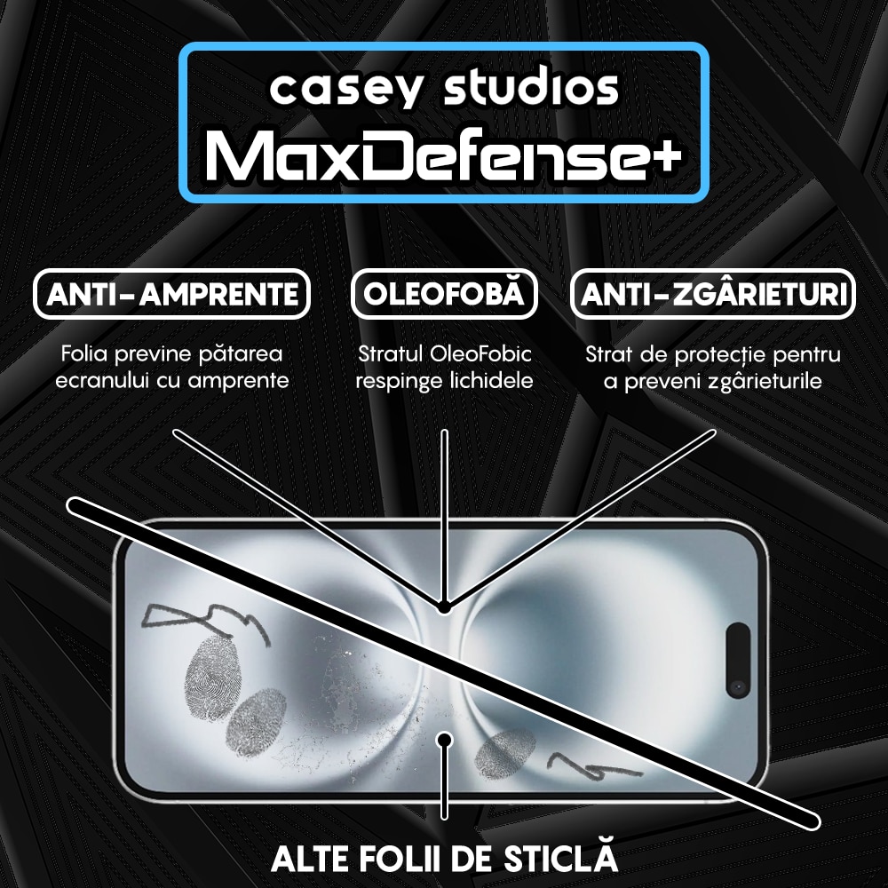 Folie Sticla CASEY STUDIOS™ compatibila cu iPhone 16 Plus MaxDefense+, Full Cover 3D, Full Glue, Duritate Militara, Ultra HD, Protectie Profesionala Ecran 3D, Anti Zgarieturi, Anti Socuri, Margini Negre