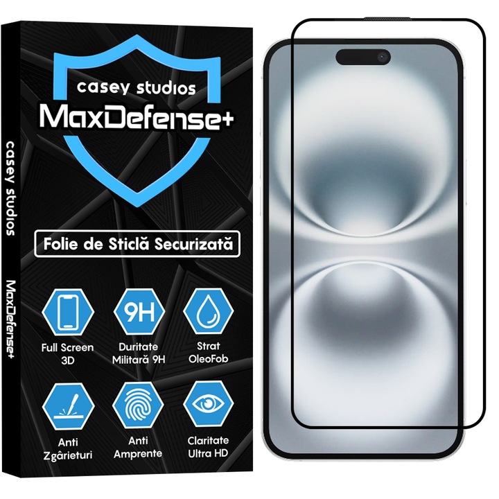 Folie Sticla CASEY STUDIOS™ compatibila cu iPhone 16 Plus MaxDefense+, Full Cover 3D, Full Glue, Duritate Militara, Ultra HD, Protectie Profesionala Ecran 3D, Anti Zgarieturi, Anti Socuri, Margini Negre