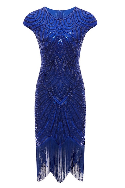 Ретро рокля с пайети, денс парти, бродерия гъби, синьо, Син