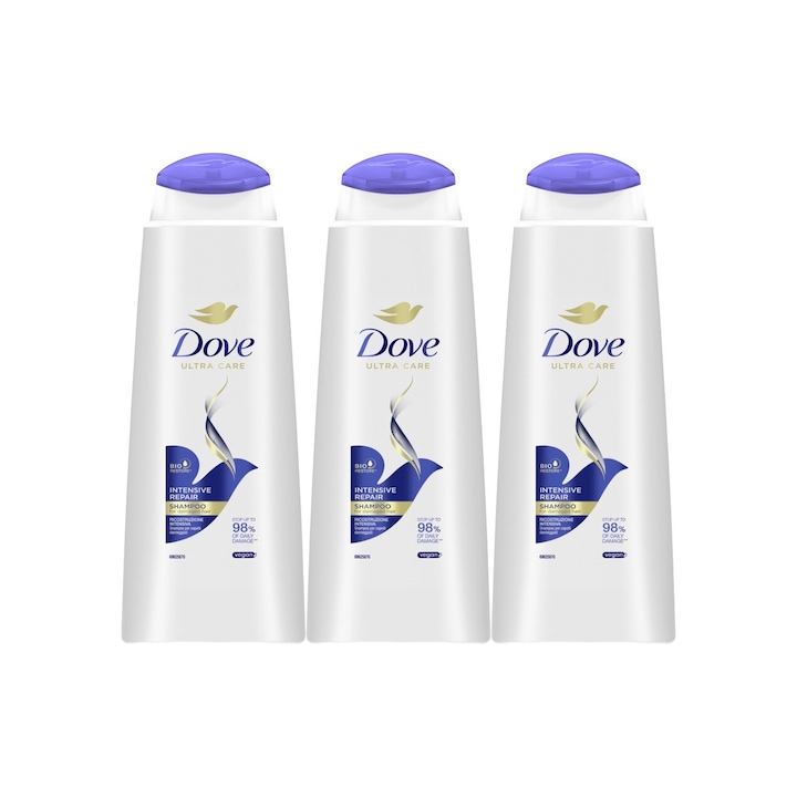 Set 3 x Dove sampon 400ml intensive repair, curatare eficienta, hidratare intensa, aplicare usoara, previne iritatiile, prospetime de lunga durata, testat dermatologic