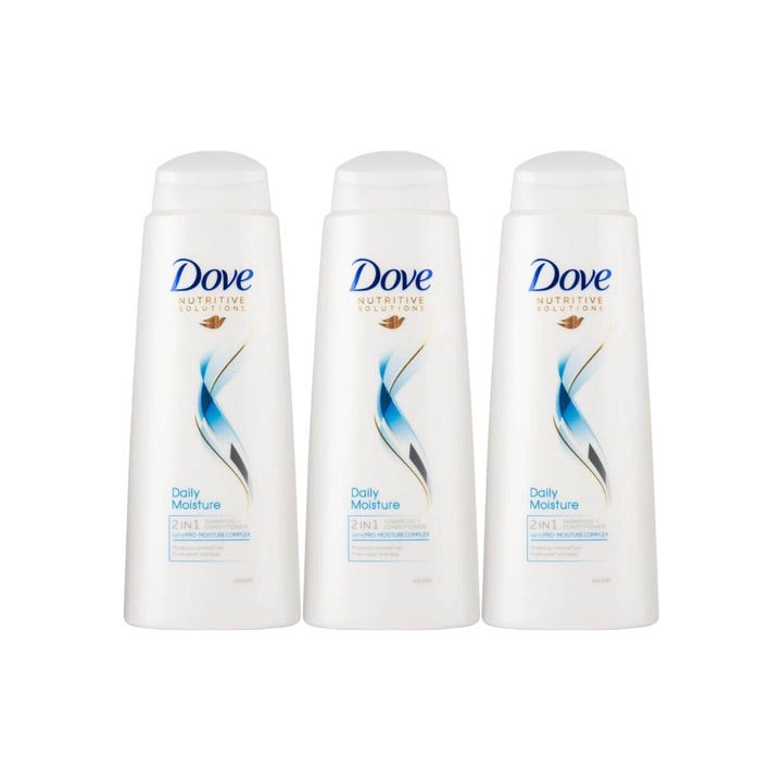 3x Dove sampon készlet 400ml 2 az 1-ben napi nedvesség, hatékony tisztítás, intenzív hidratálás, könnyű felvitel, megelőzi az irritációt, hosszan tartó frissesség, bőrgyógyászatilag tesztelt