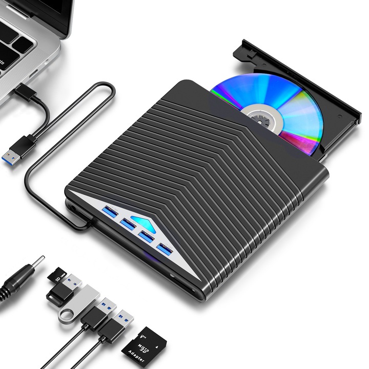 Преносим външен DVD плейър, Hesasa®, външно оптично устройство, 7 в 1 с 4 X USB порта, портове за SD/TF карта, Plug and Play, CD, DVD-Rom, четец DVD плейър, съвместим с лаптоп, компютър, настолен компютър, Windows 10 / 8/7, MAC OS, черен