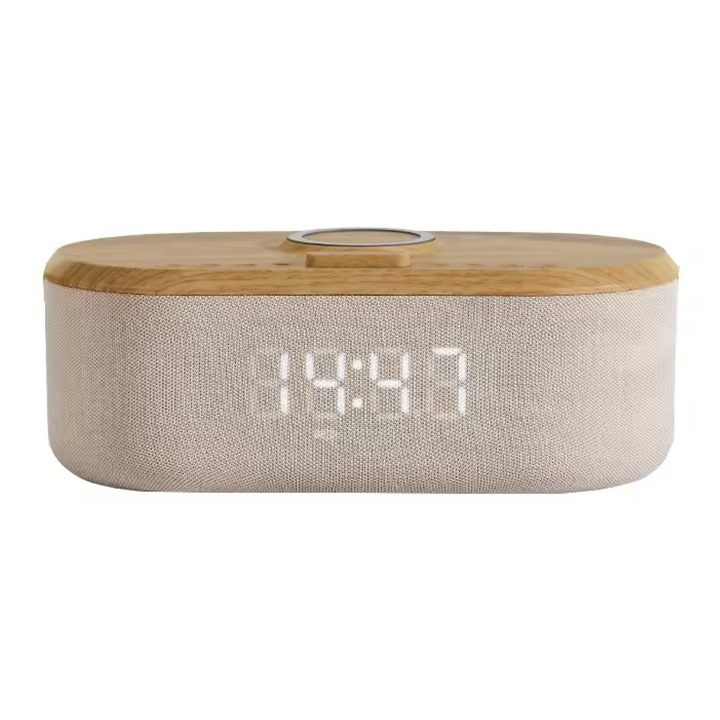 Ceas multifunctional, W19, design elegant, alarma dubla, bluetooth, difuzor integrat, baterie 1800 mAh, afisaj Led, incarcare wireless, crem