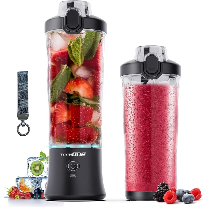 Мини електрически блендер, Techone® VitaMix Go, 300 W, 25 000 RPM, преносим, многофункционален, самопочистващ се, дълга автономия, капацитет 600 ml, 6 3D остриета, батерия 6000 mAh, черен