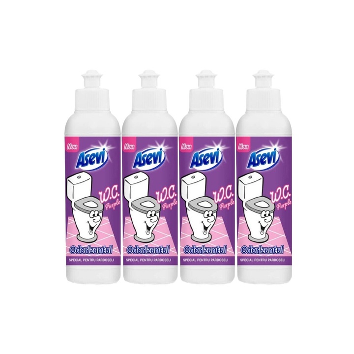 Set 4 x Asevi Odorizant Baie WC Lichid 200ML Purple, aroma relaxanta, neutralizarea mirosurilor neplacute, durabilitate si eficienta, usor de utilizat, potrivit pentru diverse spatii, ambalaj economic