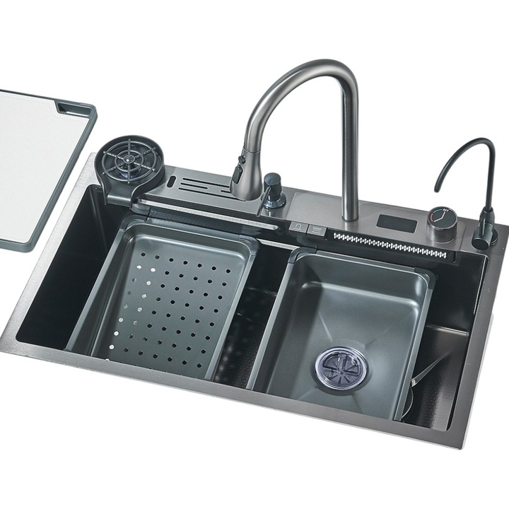 Chiuveta Multifunctionala BisDesign® pentru Bucatarie, Accesoriile Incluse, Dus Extractabil, Suport Cutite, Tocator ABS/Otel, Material Antiaderent, Afisaj LCD pentru Temperatura Apei, Functie Cascada, Finisaj Negru Grafit, Dimensiune 75x45 cm
