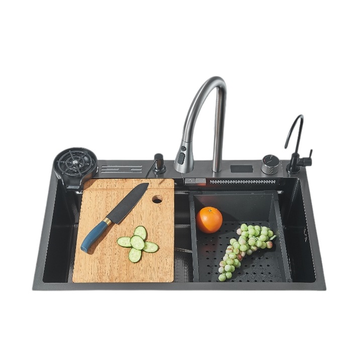 Кухненска мивка, Мултифункционална, Включени аксесоари, Изтеглящ се душ, Поставка за ножове, Дъска за рязане, Незалепващ материал, LCD дисплей за температурата на водата, Функция водопад, Графитеночерно покритие, Размер 75x45 cm
