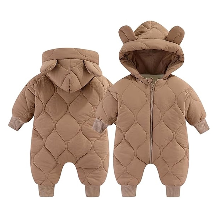 Зимен гащеризон за бебета OPTIM SOLUTION с цип памук модел с ушички ветроустойчив бордо, Кафяв