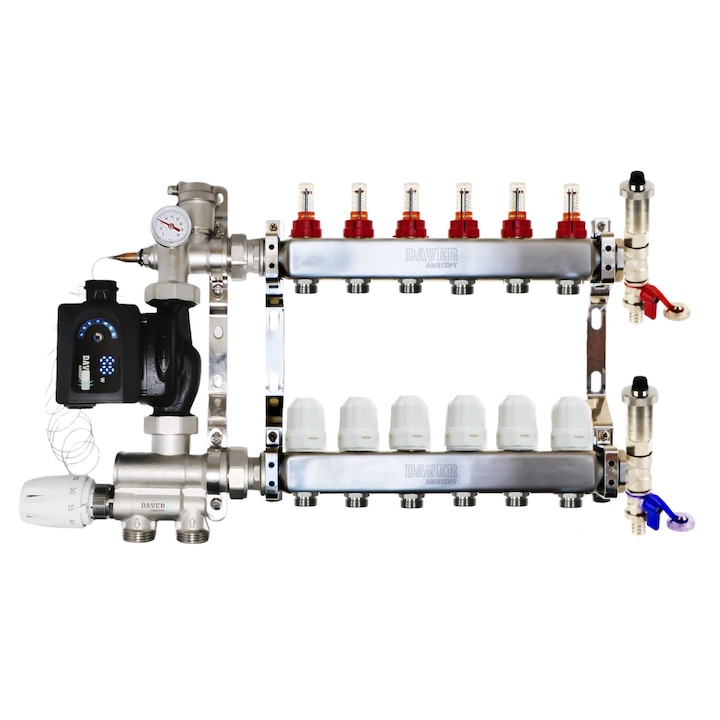 Set distribuitor 1" / 6 circuite, grup de amestec reversibil cu cap termostatic si senzor cu reglaj 20-60°C, pompa electronica 25/4-130 si kit de golire/aerisire pentru incalzire in pardoseala, Daver