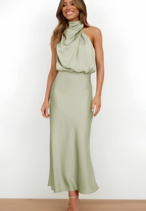Jormftte hosszú partiruha, ujjatlan, fodros, világoszöld, szatén, M INTL