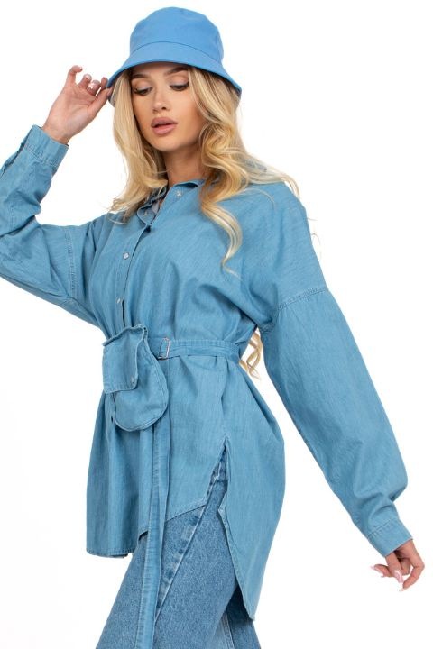 Női ing, hosszú, derekán húzózsinórral, Kék