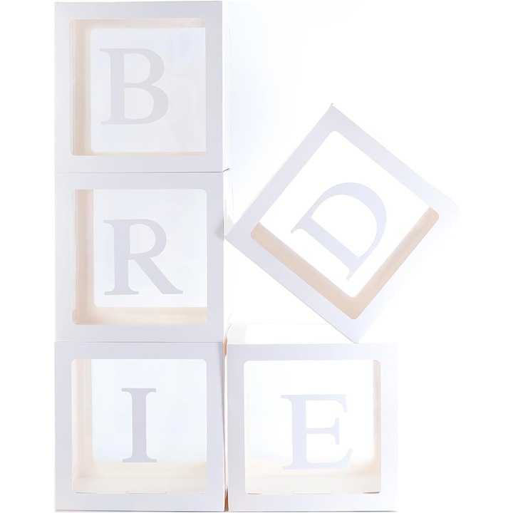 Комплект от 5 кутии за балони, Flippy, Letter Pattern Bride, сватбена тема, декоративни пластмасови кубчета, парти аксесоари, 30 x 30 cm, прозрачен бял контур