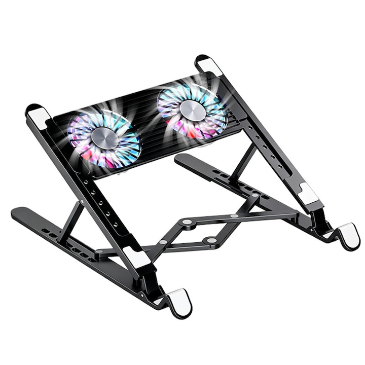 Suport Laptop cu 2 Ventilatoare RGB, Racire Turbo, Aluminiu, Reglabil, Pliabil, Compatibil cu Toate Laptopurile 7-15.6"