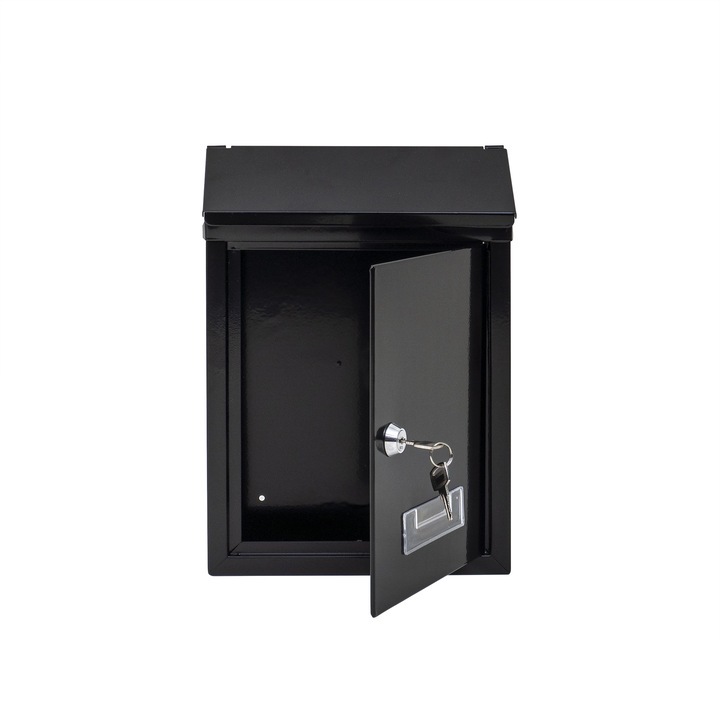 Fém postaláda, mérete 21,7x7x30cm, elöl nyílással és kulccsal, falra rögzíthető, fekete