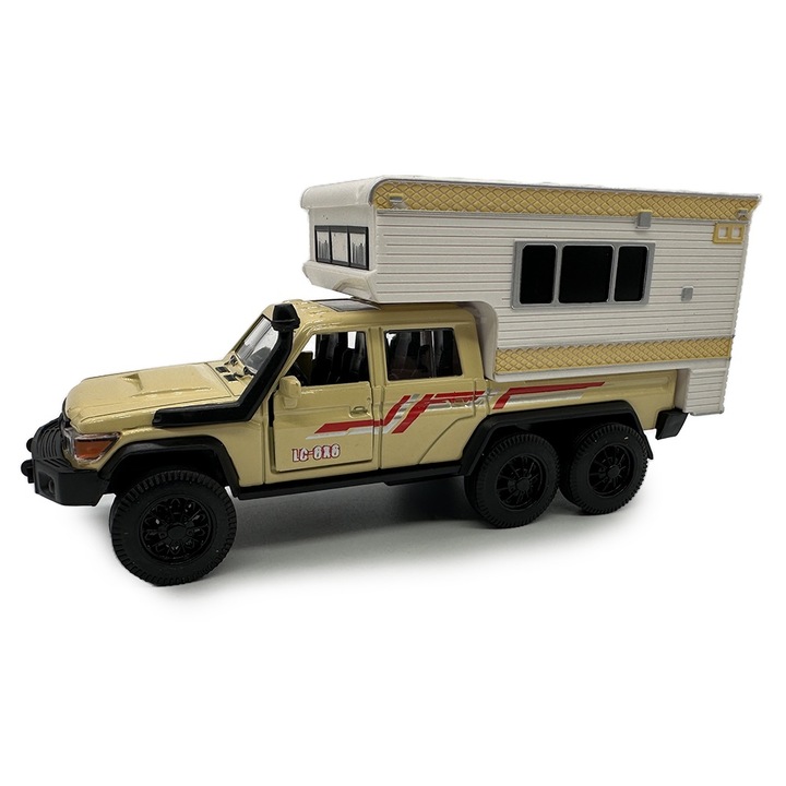 Jeep fém autó lakókocsival, 15 cm, krémszínű, lámpákkal, ajtókkal, visszahúzható, Vision XXI