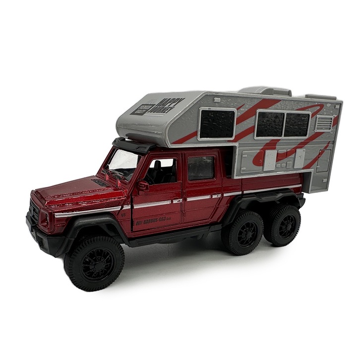 Jeep fémautó utánfutóval, 15 cm, piros, lámpákkal, nyitott ajtókkal, visszahúzható, Vision XXI