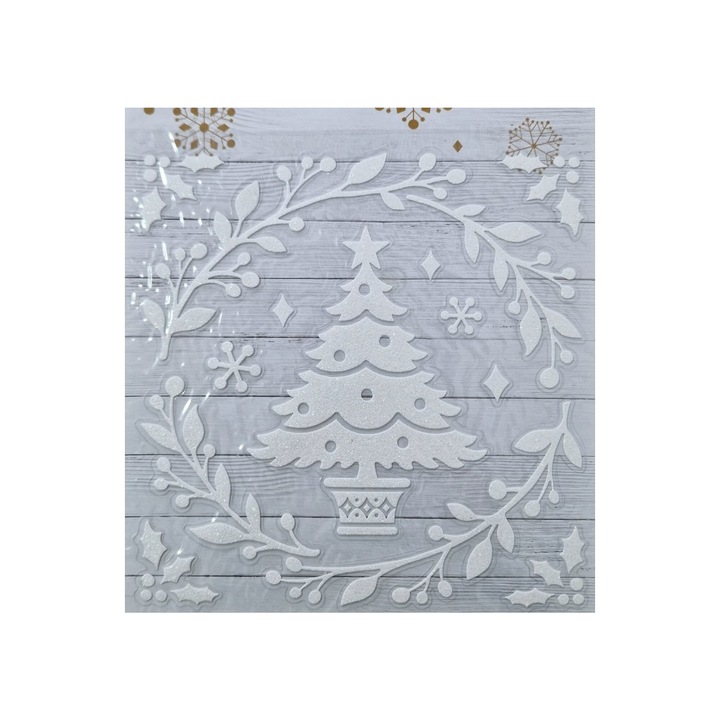 Set 12 Stickere Decorative Dalip pentru Craciun, Magie Festiva, Brad si Flori de Craciun, Alb