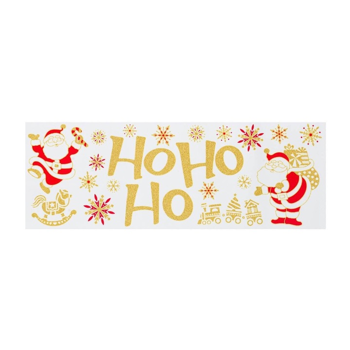 Dalip dekoratív matrica karácsonyra, vidám design Ho Ho Ho üzenettel, Mikulás és hópelyhek, 10 x 60 cm, Arany