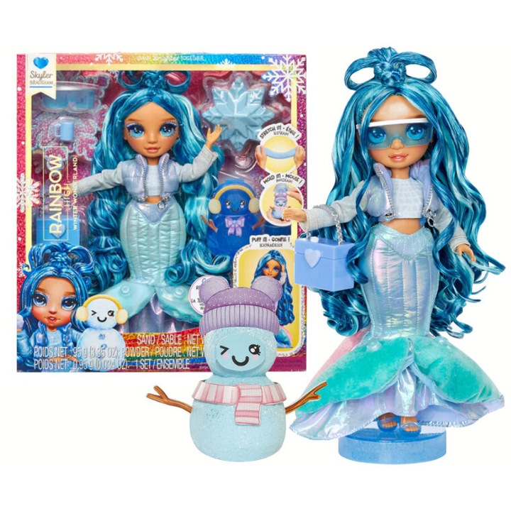 Papusa Rainbow High Winter Wonderland Skyler Bradshaw, 28cm, albastru, cu accesorii pentru facut om de zapada