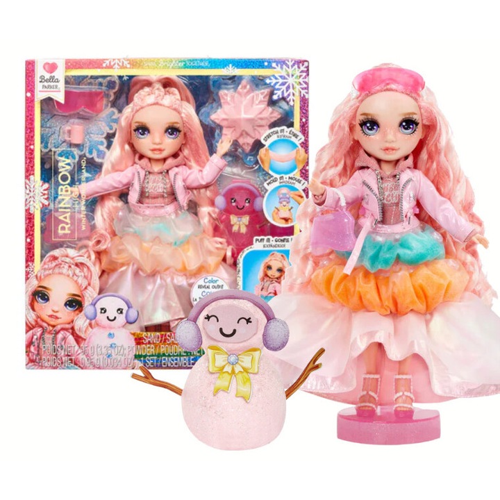 Papusa Rainbow High Winter Wonderland Bella Parker, 28 cm, roz, set cu accesorii