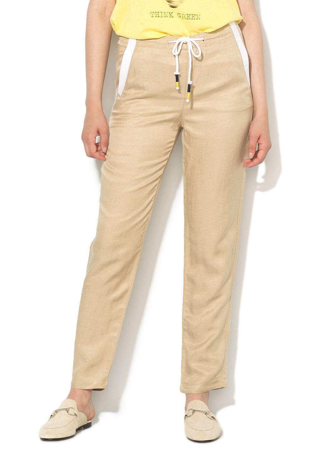 United Colors of Benetton, Pantaloni cu garnituri albe si snur, Bej, 42