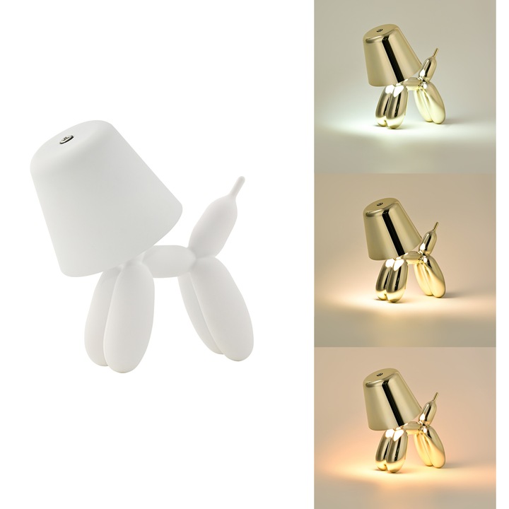 Lampa de birou LED reincarcabila BALLOON DOG, dimmer tactil, 3 temperaturi de culoare, incarcare USB, H18cm, alb
